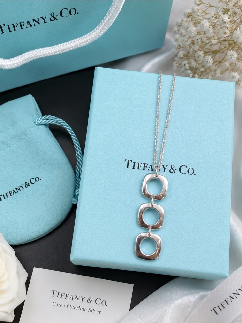 Tiffany & Co. Square Cushion Triple Drop Pendant Necklace Sterling Silver Rare
